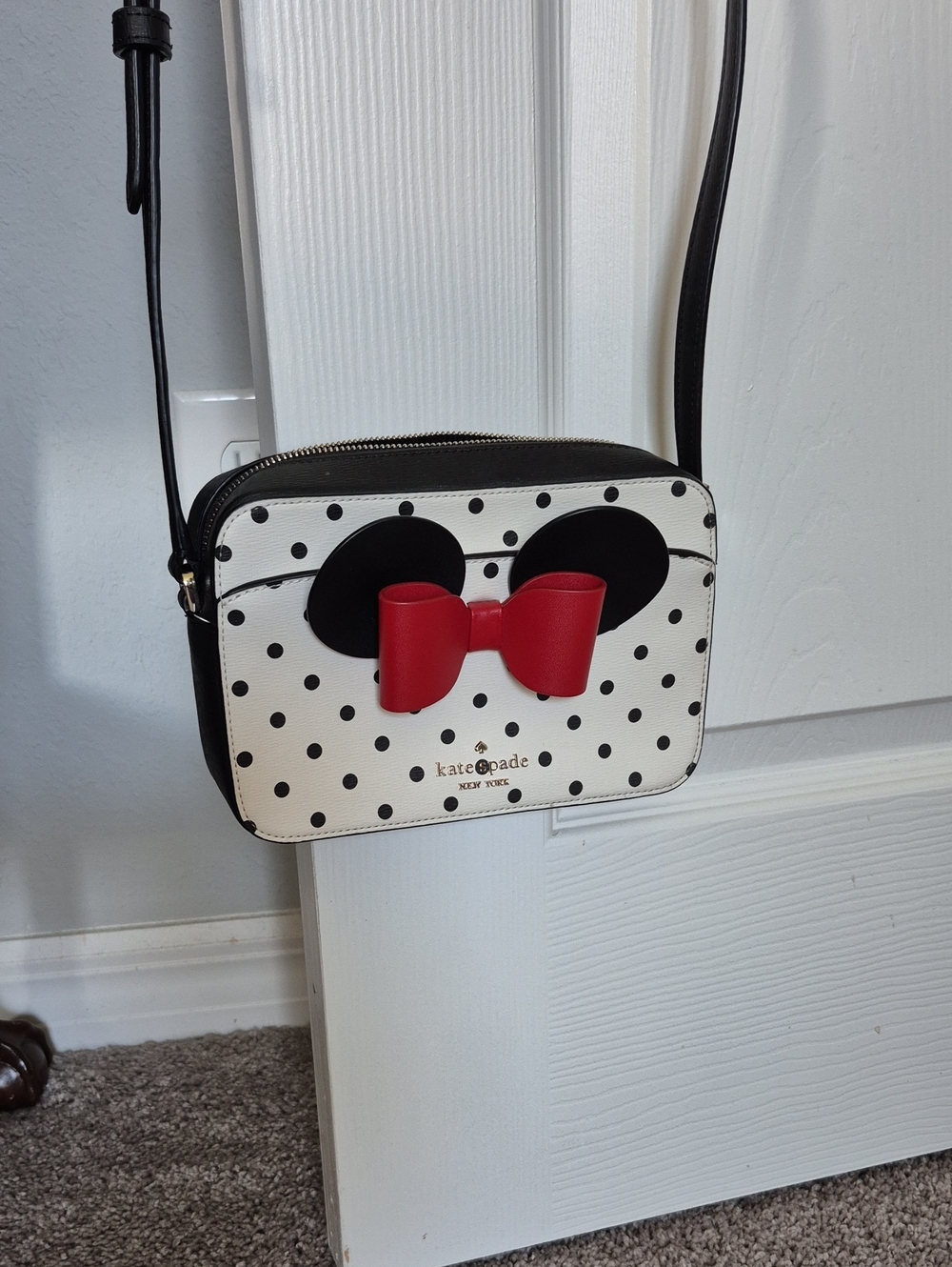 kate spade White Black Polka Dot Crossbody with Red Bow